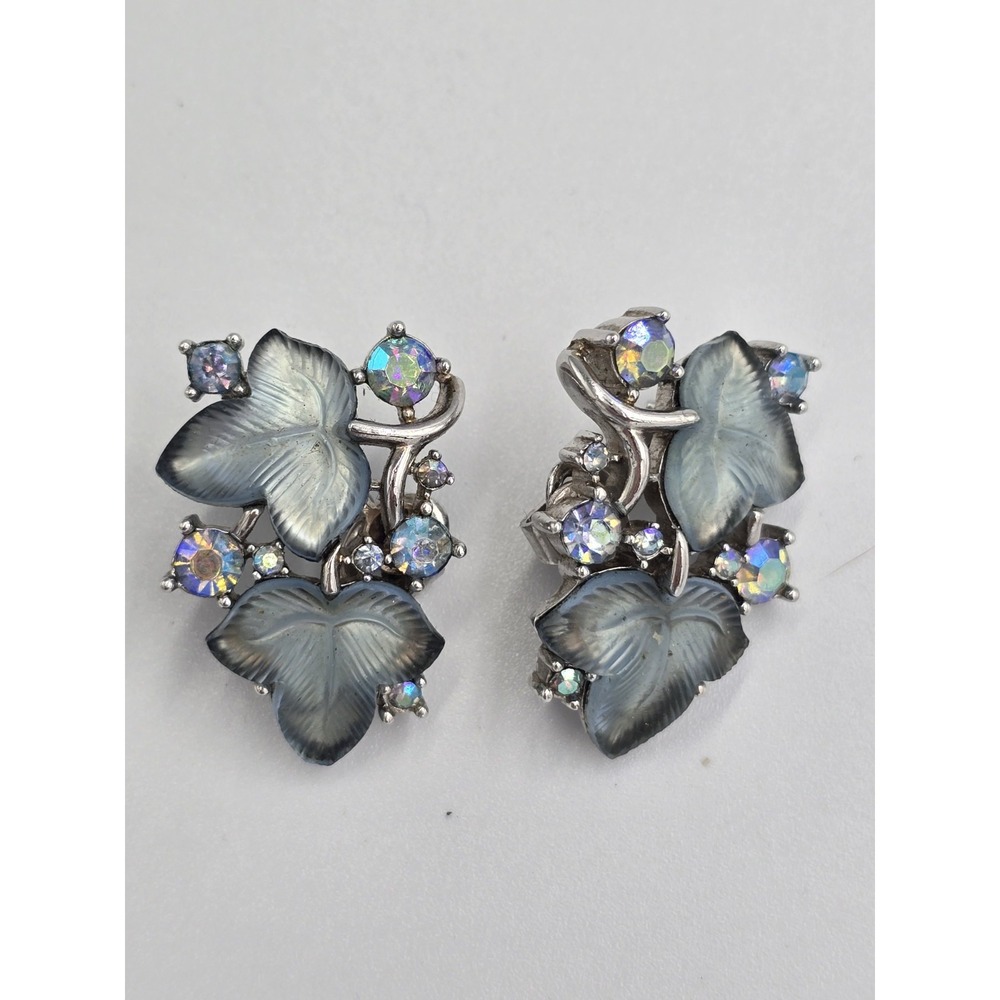 Vintage Crown Trifari Philippe Earrings Molded Glass Leaves AB Blue Tint Clip on